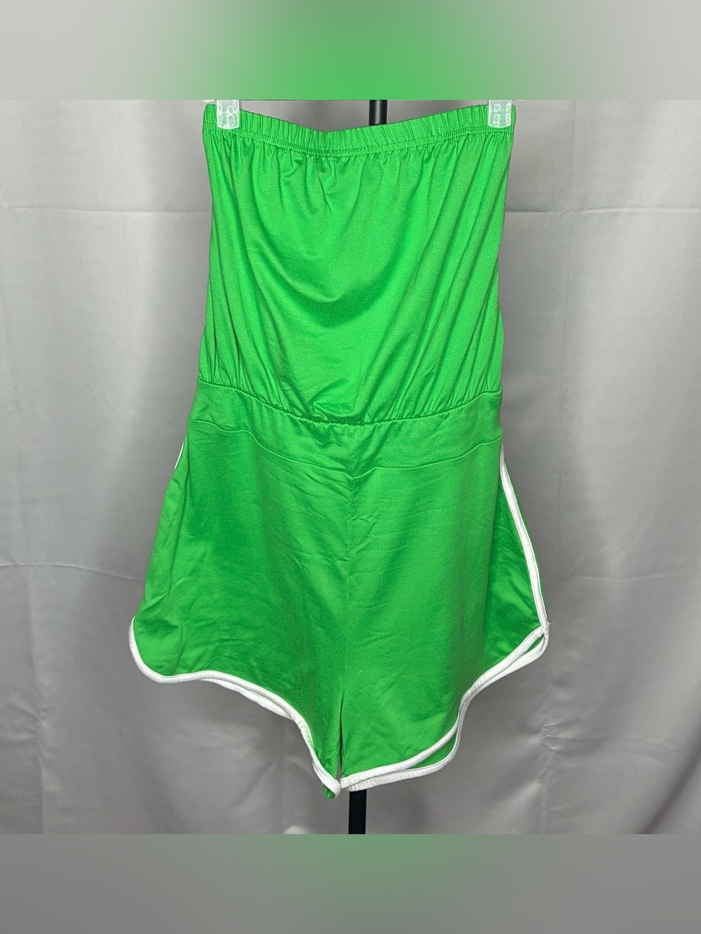 Green Women’s Shorts Romper - Elastic Waist, White Trim